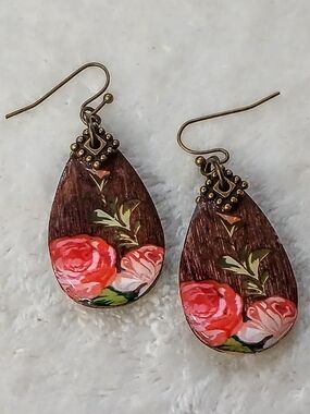 Handmade Floral Teardrop Earrings - Brown with Pink Roses